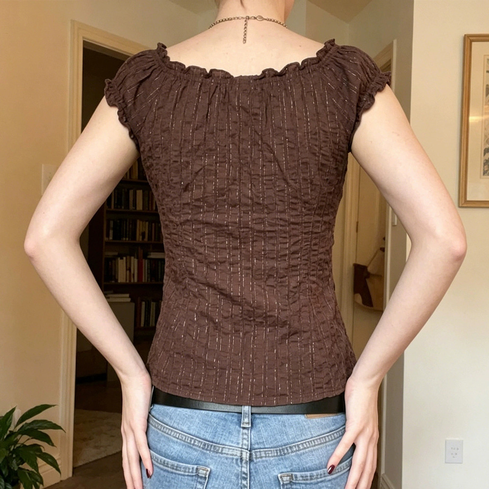 Zara Striped Ruffle Button Front Fitted Blouse - Picture 4 of 7
